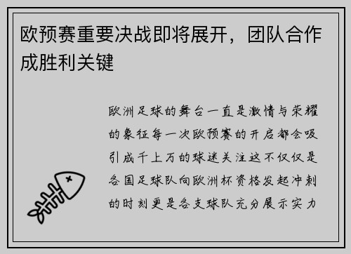 欧预赛重要决战即将展开，团队合作成胜利关键