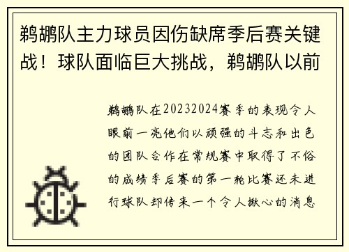 鹈鹕队主力球员因伤缺席季后赛关键战！球队面临巨大挑战，鹈鹕队以前