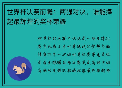 世界杯决赛前瞻：两强对决，谁能捧起最辉煌的奖杯荣耀