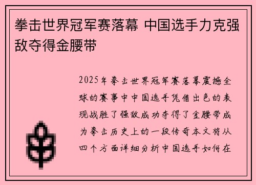 拳击世界冠军赛落幕 中国选手力克强敌夺得金腰带